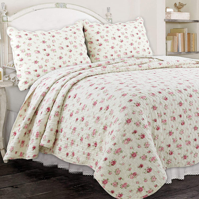 Cozy Line Home Fashions Pink Red Floral 100% Cotton Reversible Quilt Bedding Set, Coverlet Bedspread (Fuchsia Flowers, King - 3 Piece) Home & Garden > Linens & Bedding > Bedding Cozy Line Home Fashions Ivory Rose King 