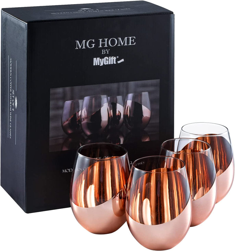 Mygift Modern Copper Accent Stemless Wine Glass Set, Red Wine Glasses Set of 4