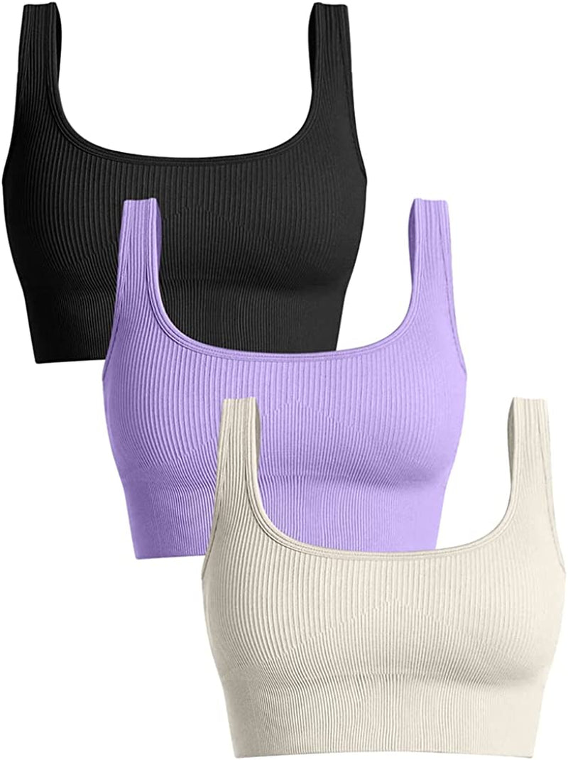 OQQ Women'S 3 Piece Medium Support Tank Top Ribbed Seamless Removable Cups Workout Exercise Sport Bra Sporting Goods > Outdoor Recreation > Winter Sports & Activities OQQ Black Purple Beige Small 