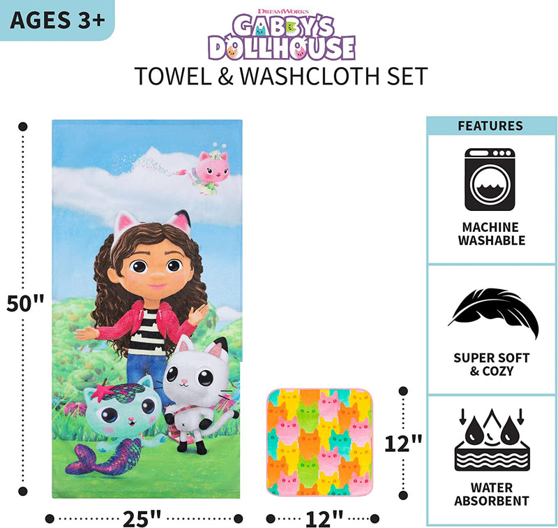 Gabby'S Dollhouse, Gabby, Mercat and Pandy Kids Bath/Pool/Beach Soft Absorbent Cotton Terry Towel with Washcloth 2 Piece Set, 50 in X 25 In, (Official Dreamworks Product) by Franco Home & Garden > Linens & Bedding > Towels Franco   
