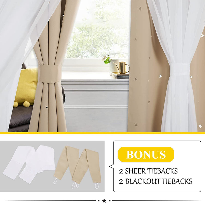 NICETOWN Nursery Curtains for Kids, Farmhouse Blackout Curtain Panels for Bedroom, Double Layer Star Hollow-Out Grommet Aesthetic Living Room Toddler Window Curtains, 2 Pcs, W52 X L84, Biscotti Beige Home & Garden > Decor > Window Treatments > Curtains & Drapes NICETOWN   