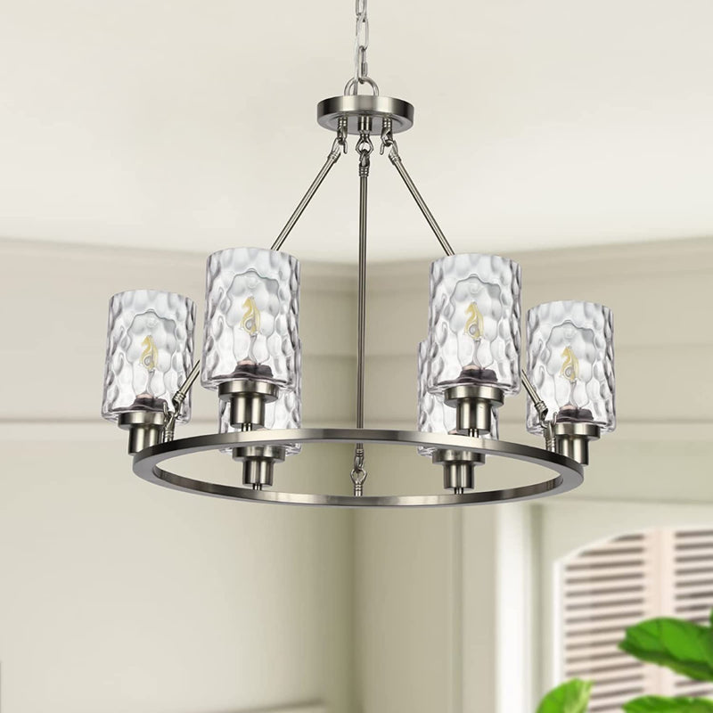 Senyshilon Wagon Wheel Chandelier Farmhouse Chandeliers 6-Light Industrial round 23.6'' Rustic Black Metal Pendant Light Fixture for Kitchen Island Dining Room Bedroom Living Room Home & Garden > Lighting > Lighting Fixtures > Chandeliers Senyshilon 7-brushed Nickel 6-light With Lampshade  