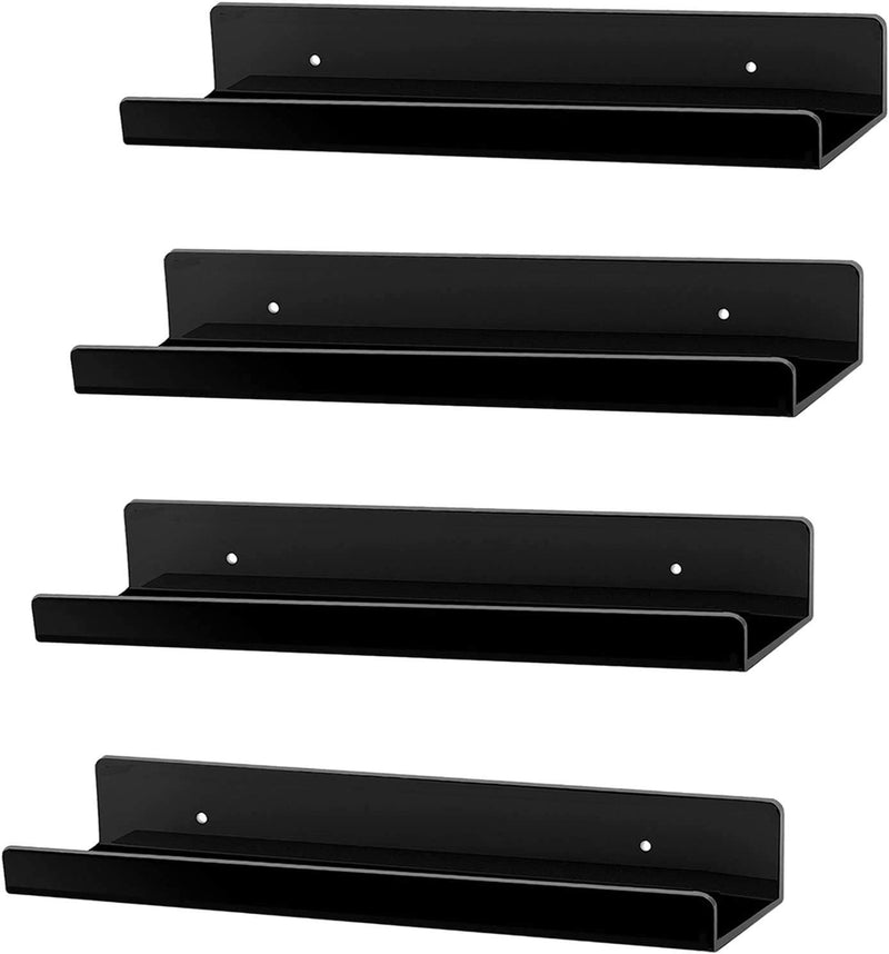Hblife 15 Inches Black Acrylic Floating Wall Ledge Shelf, Wall Mounted Nursery Kids Bookshelf, Invisible Spice Rack, Clear 5MM Thick Bathroom Storage Shelves Display Organizer, Set of 2 Furniture > Shelving > Wall Shelves & Ledges HBlife Black 15 inch 4Pack 