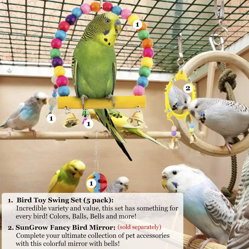 Sungrow Parakeet Swing Toy Set with Bells, Colorful Collection Hammock, Hanging Ball, Perch, Suitable for Parrots, Cockatiels, Budgies, Conures, Love Birds, Finch (5Pcs) Animals & Pet Supplies > Pet Supplies > Bird Supplies > Bird Toys SunGrow   
