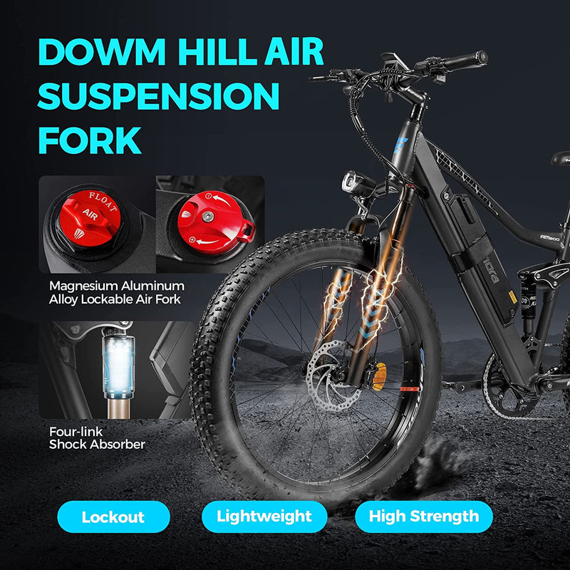 Eahora AM200 Peak 1000W Electric Bike 26'' Fat Tire Electric Mountain Bike Air Full Suspension Hydraulic Brakes Color Display Shimano 9 Speed Gears All-Terrain Electric Dirt Bike Cruise Control Sporting Goods > Outdoor Recreation > Cycling > Bicycles eAhora   