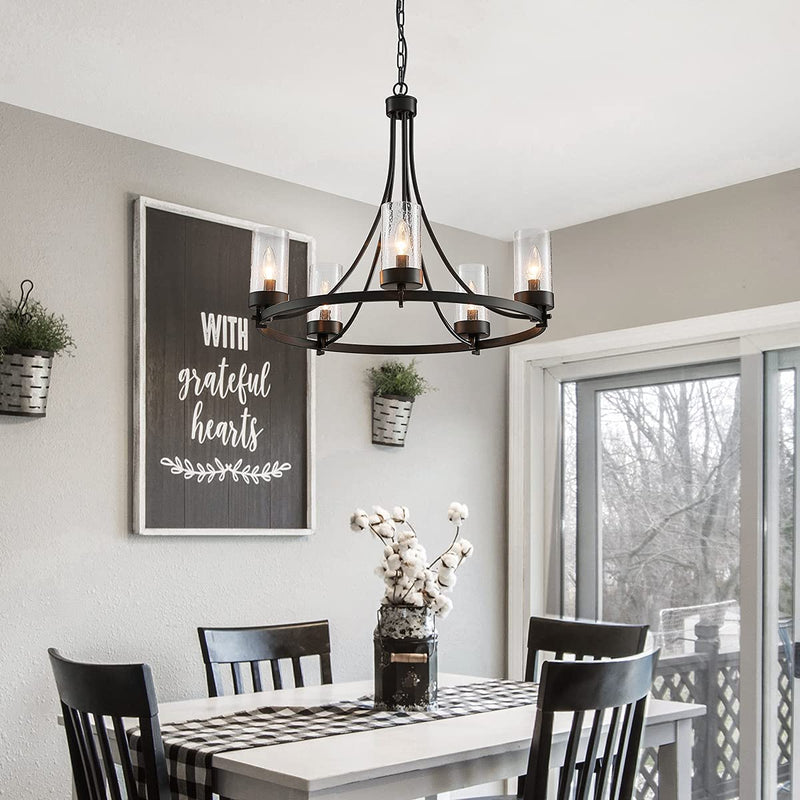 WUZUPS 5-Light Wagon Wheel Chandelier Rustic Farmhouse Industrial round Pendant Light Fixture with Clear Seeded Glass Shades for Dining Room Kitchen Island, H 20.5" X W 26.2", E12 Base, Black Home & Garden > Lighting > Lighting Fixtures > Chandeliers WUZUPS   
