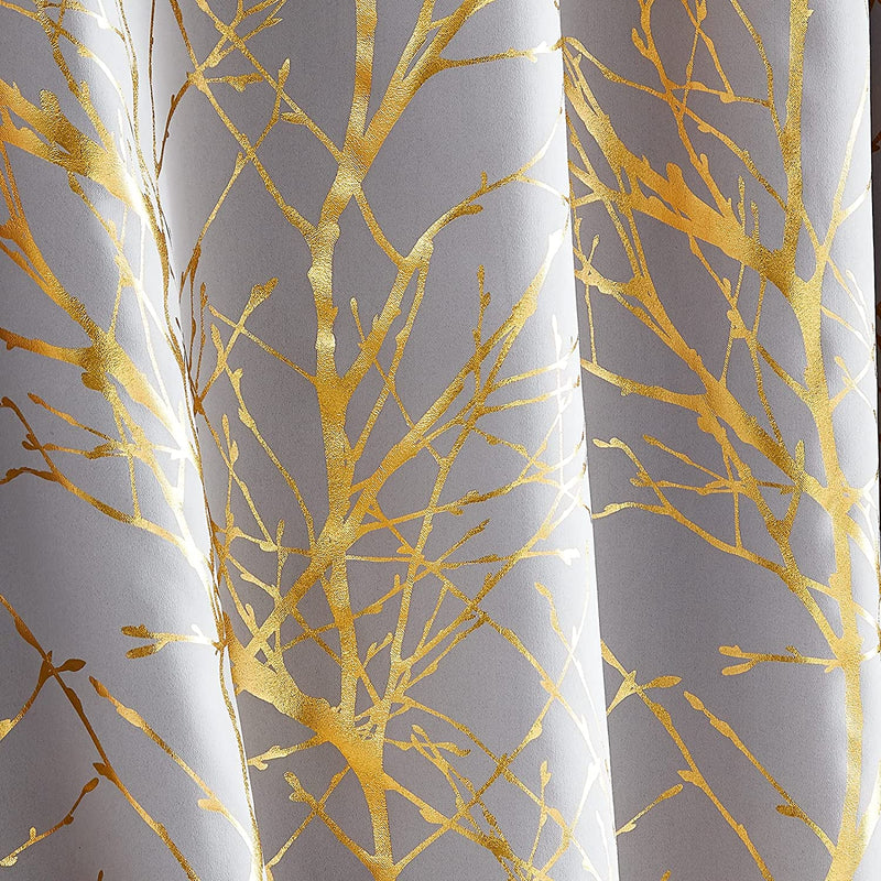 FMFUNCTEX Branch Grey Blackout Curtain Panels for Bedroom 84" Foil Gold Tree Branch Window Curtains Metallic Print Energy Efficient Thermal Curtain Drapes for Guest Living Room Grommet Top 2 Panels Home & Garden > Decor > Window Treatments > Curtains & Drapes FMFUNCTEX   