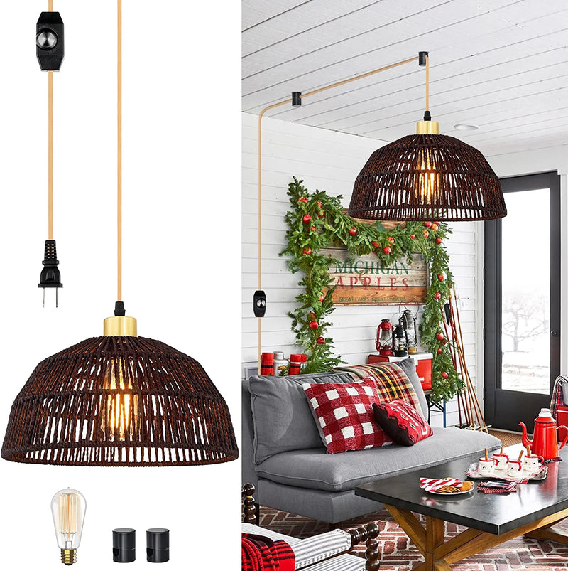 Plug in Pendant Light Rattan Hanging Light with Plug in Cord, Boho Hanging Lamp with 15Ft Gold Cotton Cord & Dimmer Switch, Black Rattan Pendant Light with Woven Lampshade(Bulb&2 Swag Hooks Included) Home & Garden > Lighting > Lighting Fixtures Ruzectt Black  