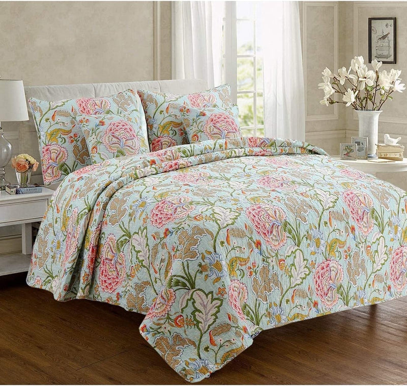 Cozy Line Home Fashions Pink Red Floral 100% Cotton Reversible Quilt Bedding Set, Coverlet Bedspread (Fuchsia Flowers, King - 3 Piece) Home & Garden > Linens & Bedding > Bedding Cozy Line Home Fashions Camellia Green King 