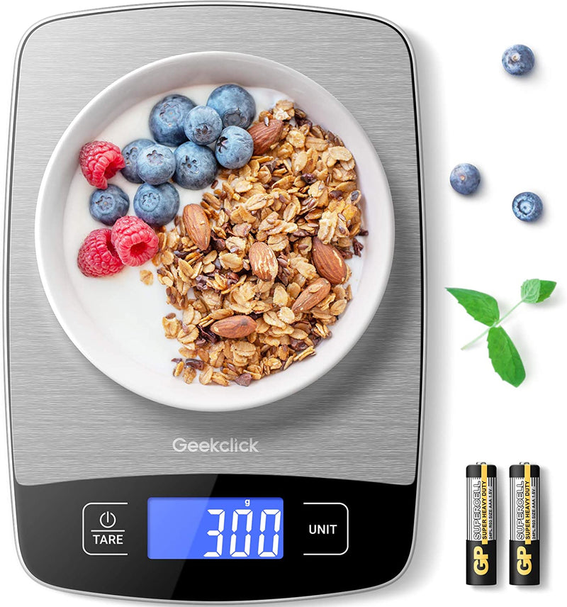 Geekclick Digital Food Kitchen Scale, 22Lb Scale for Food Weight Grams and Oz, Kitchen Tools for Baking, Cooking, Meal Prep, Weight Loss, 1G/0.05Oz Precise Graduation, Easy Clean Tempered Glass-Black