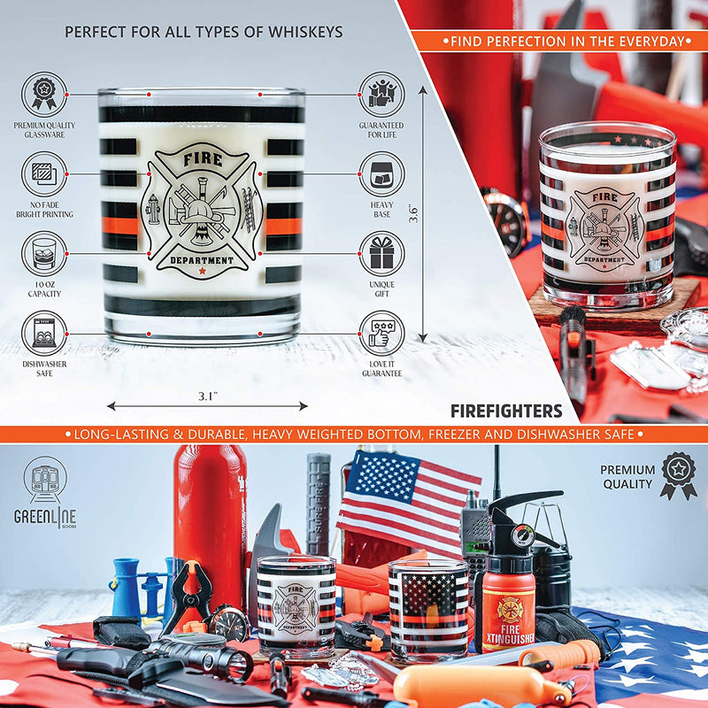 Greenline Goods Thin Red Line Firefighter Whiskey Old Fashioned Glasses (Set of 2) - 10 Oz - Classic Glass Drinkware with Fire Fighter Flag Graphics -Shows Support for First Responders Home & Garden > Kitchen & Dining > Barware Greenline Goods   