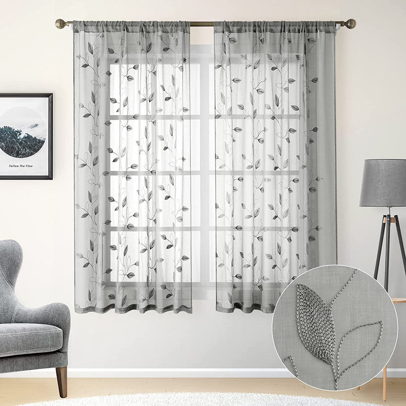 HOMEIDEAS Sage Green Sheer Curtains 52 X 84 Inches Long 2 Panels Embroidered Leaf Pattern Pocket Faux Linen Floral Semi Sheer Voile Window Curtains/Drapes for Bedroom Living Room Sporting Goods > Outdoor Recreation > Fishing > Fishing Rods HOMEIDEAS 3-grey W52" X L63" 