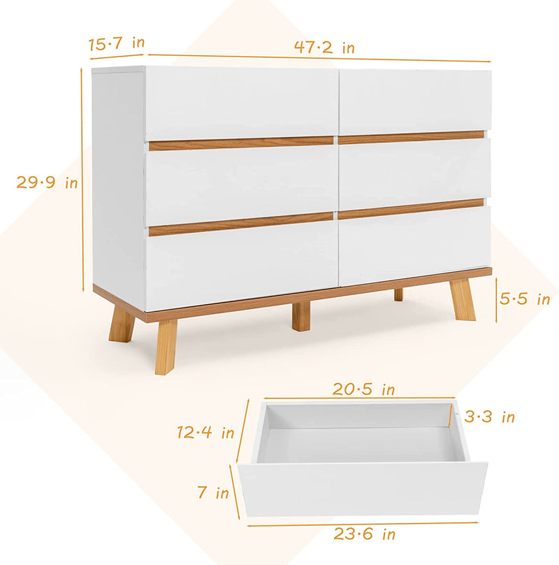 Modern Storage Cabinet, Sideboard Buffet Cabinet with 6 Large Drawers, WAYTRIM Free Standing Accent Cabinet for Living Room, Entryway, Hallway, Home Office, White