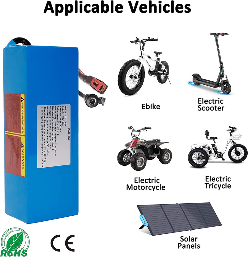 48V Battery, (2-5 Days Delivery from California) 20Ah /14Ah /10Ah Ebike Battery for 500-1200W Electric Bike Bicycle, Scooter and Other Motor (48V 10AH with Charger)