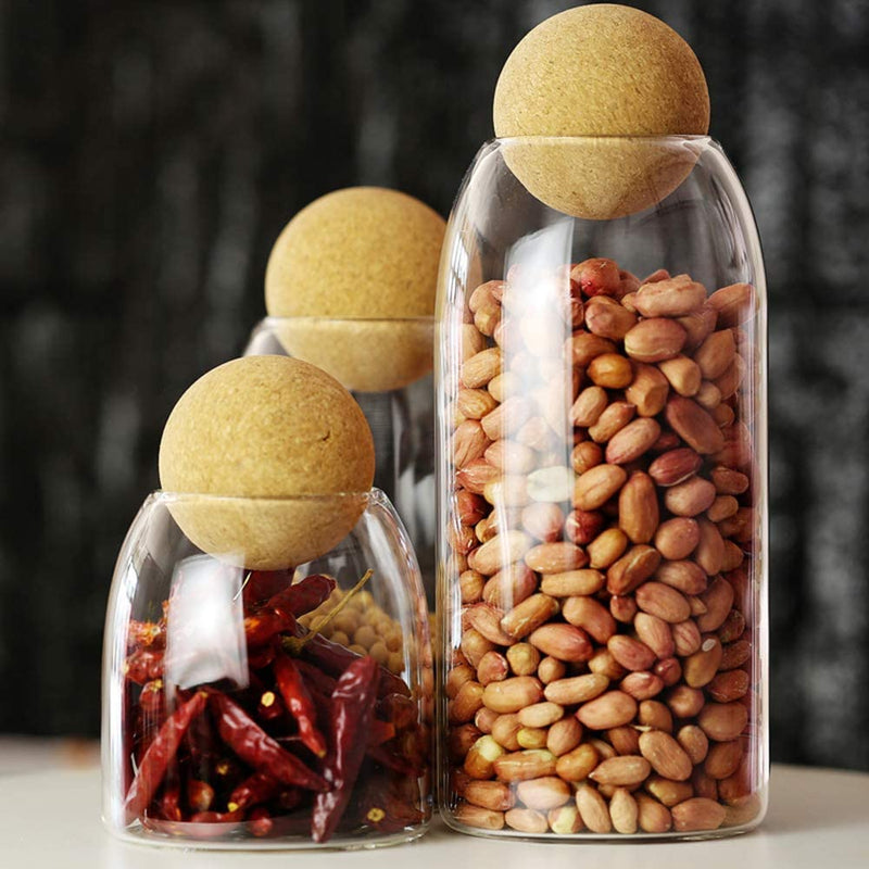 Suwimut 3 Pack Glass Jar with Airtight Cork Lid Ball, Clear Candy Jar Mason Jars Food Storage Canister with Seal Wood Cork round Stopper for Serving Spice Sugar Salt Tea Coffee, 500ML, 900ML, 1200ML Home & Garden > Decor > Decorative Jars Suwimut   