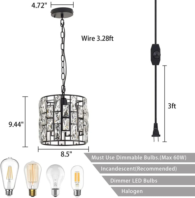 YLONG-ZS Hanging Lamps Crystal White Swag Lamp Rustic Pendant Light Plug in 16.4 FT Cord Hanging Pendant Light Cage In-Line On/Off Dimmer Switch for Kitchen Island, Dining Room,Black Finish Home & Garden > Lighting > Lighting Fixtures YLONG-ZS   