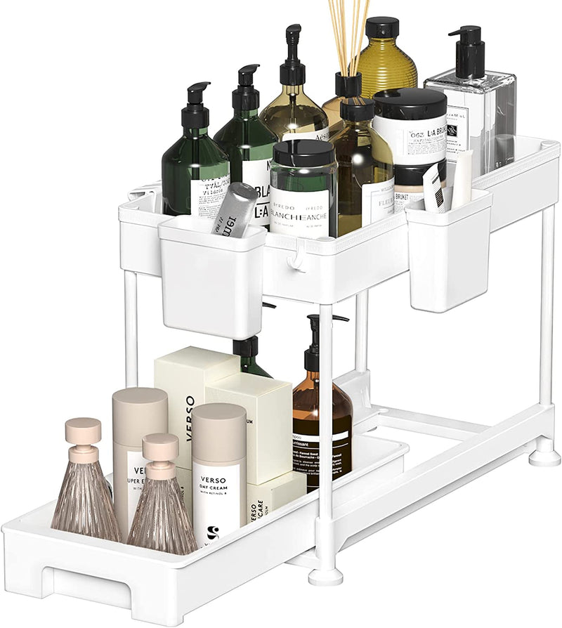 SPACELEAD under Sink Organizers and Storage, under Sliding Cabinet Basket Organizer, 2 Tier under Sink Storage for Bathroom Kitchen with Hooks, Hanging Cup, the Bottom Can Be Pulled Out Black Home & Garden > Household Supplies > Storage & Organization SPACELEAD White  