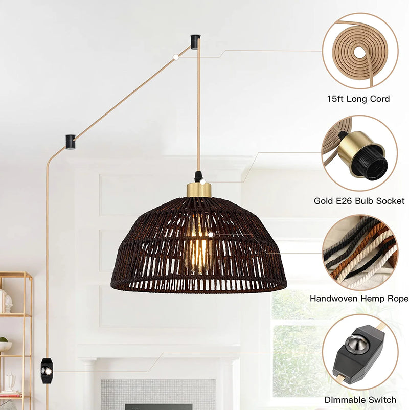Plug in Pendant Light Rattan Hanging Light with Plug in Cord, Boho Hanging Lamp with 15Ft Gold Cotton Cord & Dimmer Switch, Black Rattan Pendant Light with Woven Lampshade(Bulb&2 Swag Hooks Included) Home & Garden > Lighting > Lighting Fixtures Ruzectt   