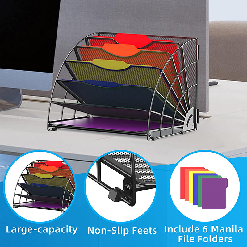 SUPEASY Fan Shaped Desk File Organizer, 6 Compartments for Filing Paper Bills, Letters, Desk Accessories for Workspace, School, Office, Waiting Room, Classroom Storage, Black