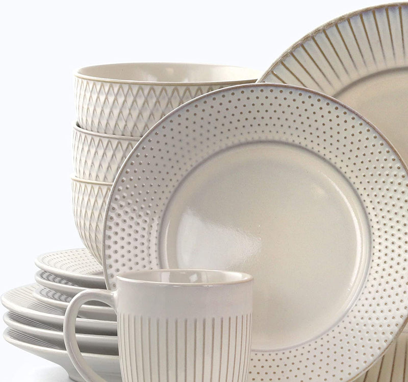 Elama Market Finds 16 Piece round Stoneware Dinnerware Set in Embossed White Home & Garden > Kitchen & Dining > Tableware > Dinnerware Elama   