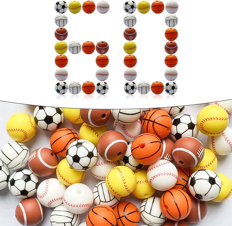 Sports Silicone Beads 15Mm Baseball Softball Football round Silicone Beads Soccer Basketball Volleyball Silicone Accessory Kit for Keychain Making Bracelet Necklace Handmade Crafts-60Pcs Sporting Goods > Outdoor Recreation > Winter Sports & Activities DNCHGOYA   