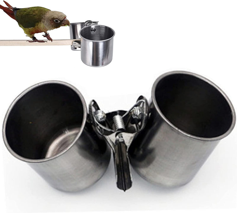 Bird Food Water Bowl Double Cups with Clamp Stainless Steel Parrot Feeder (Size:L) Animals & Pet Supplies > Pet Supplies > Bird Supplies > Bird Cage Accessories > Bird Cage Food & Water Dishes Saycker   
