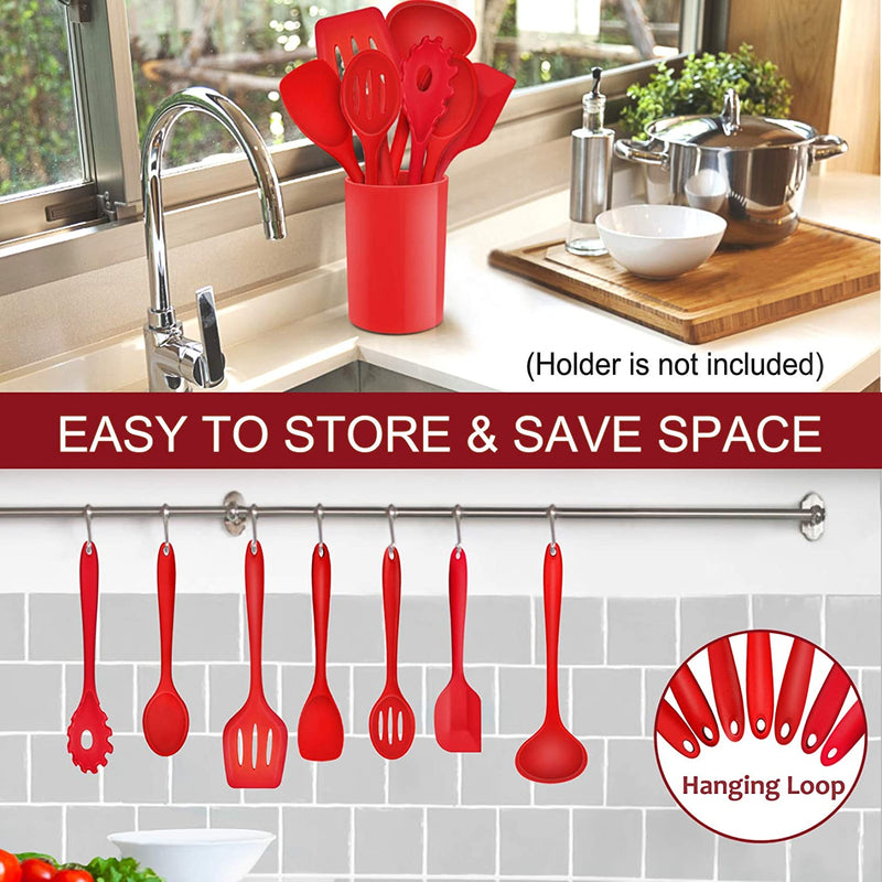 Kitchen Utensil Set of 7, P&P CHEF Silicone Cooking Utensils, Red Kitchen Tools Spatula Set for Nonstick Cookware Cooking Serving, Slotted Turner, Soup Ladle, Spatula, Pasta Server, Spoon Home & Garden > Kitchen & Dining > Kitchen Tools & Utensils P&P CHEF   