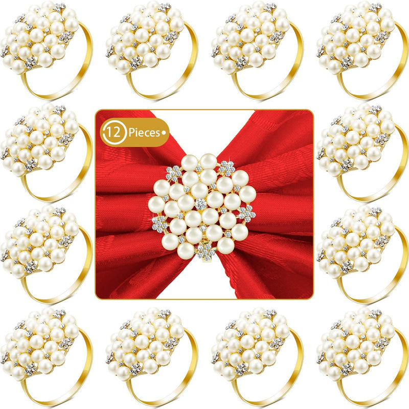Napkin Rings Pearls round Flower Gold Silver Napkin Buckles Rhinestone Napkin Holders for Wedding Banquet Home Party Decoration Dining Table Linen Accessory, Gold (12 Pcs)