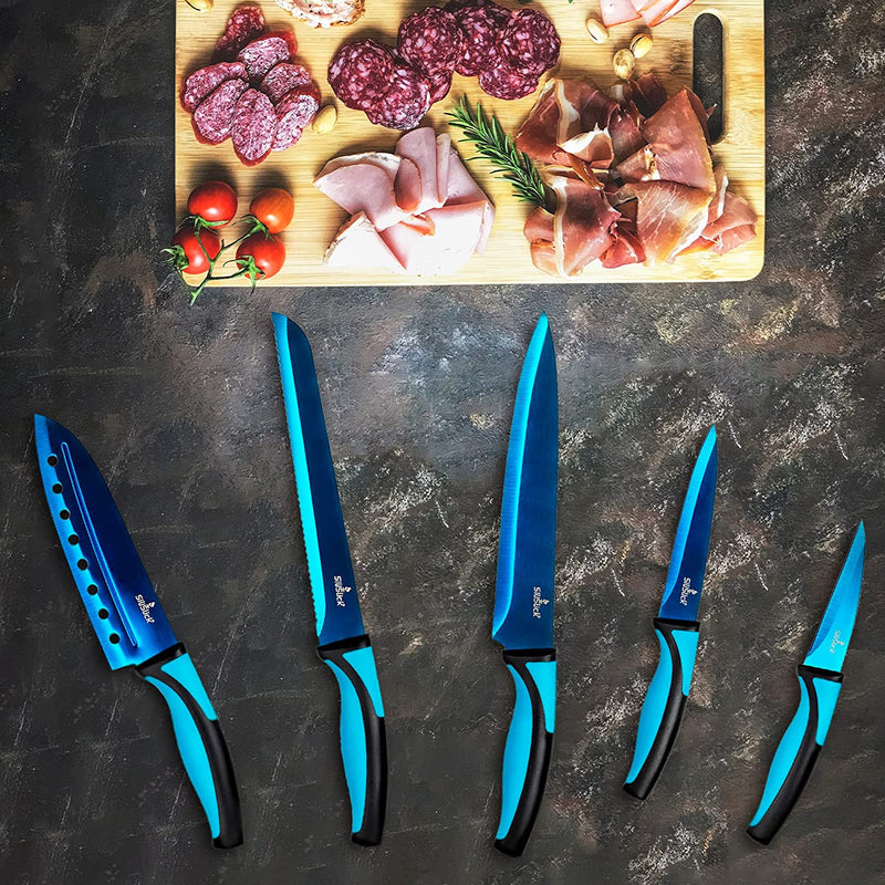 Titanium Coated Rainbow Knife Set - Sharp Stainless Steel Knives Set with Kitchen Utility Knife, Santoku, Bread, Chef, & Paring Knives with Covers - Iridescent Kitchen Accessories - Silislick Home & Garden > Kitchen & Dining > Kitchen Tools & Utensils > Kitchen Knives SiliSlick   