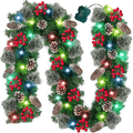 9Ft 100LED Prelit Artificial Christmas Garland Lights Timer 8 Modes Battery Operated 18 Pinecone 198 Red Berries Snow Bristle Pine Xmas Christmas Decoration Mantle Fireplace Indoor Outdoor Home