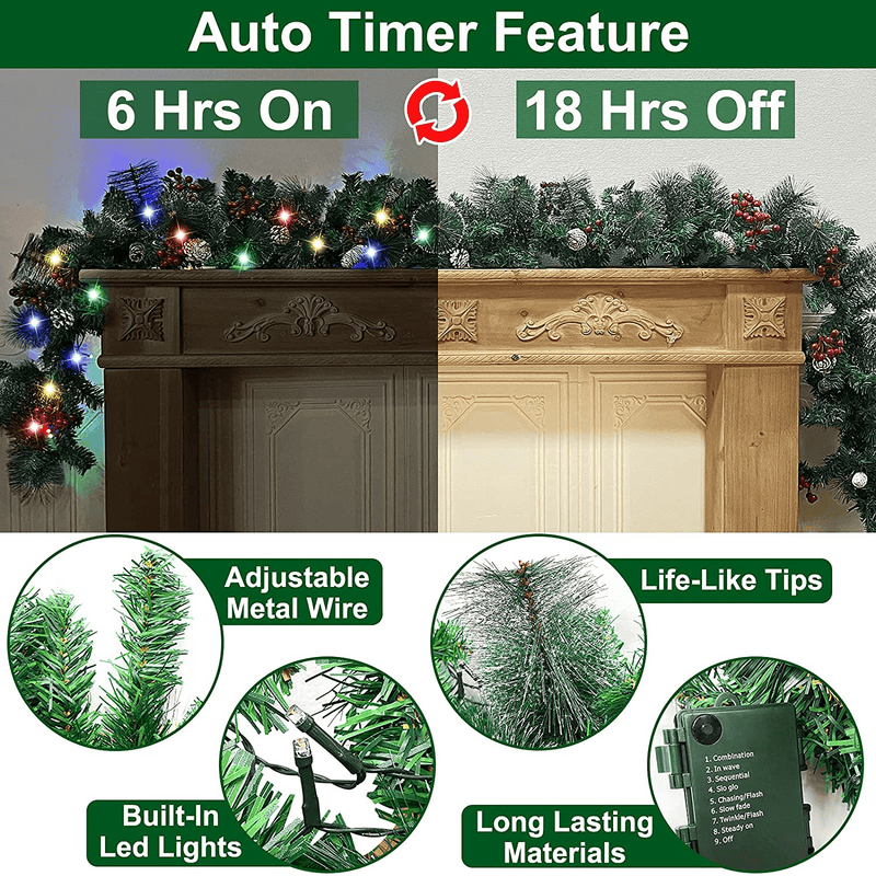 9Ft 100LED Prelit Artificial Christmas Garland Lights Timer 8 Modes Battery Operated 18 Pinecone 198 Red Berries Snow Bristle Pine Xmas Christmas Decoration Mantle Fireplace Indoor Outdoor Home Home & Garden > Decor > Seasonal & Holiday Decorations& Garden > Decor > Seasonal & Holiday Decorations TURNMEON   