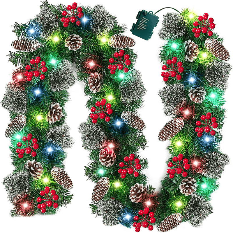 9Ft 100LED Prelit Artificial Christmas Garland Lights Timer 8 Modes Battery Operated 18 Pinecone 198 Red Berries Snow Bristle Pine Xmas Christmas Decoration Mantle Fireplace Indoor Outdoor Home Home & Garden > Decor > Seasonal & Holiday Decorations& Garden > Decor > Seasonal & Holiday Decorations TURNMEON Color  
