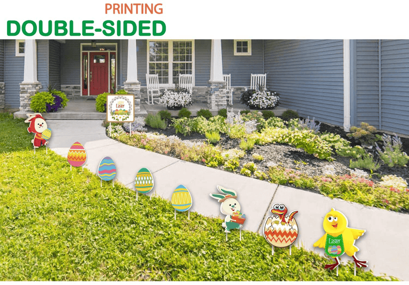 9Pcs Easter Decorations Outdoor Easter Yard Signs Stakes Double-Sided Printing Bunny Chick Dinosaur Egg Easter Eggs Hunt Sign for Easter Decorations Home Lawn Garden Easter Party Supplies Easter Props
