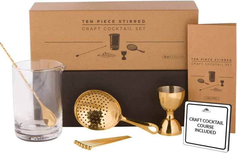A Bar above Old Fashioned Cocktail Kit – 10 Pc Cocktail Mixing Glass Set, Stirred Martini Set Includes Crystal Mixing Glass W/Bar Spoon, Julep Strainer, Bell Jigger & Reusable Cocktail Picks Home & Garden > Kitchen & Dining > Barware A Bar Above Gold  