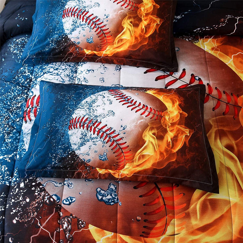 A Nice Night Baseball with Fire Print Comforter Quilt Set Bedding Sets for Teen Boys (Baseball,Full Size)