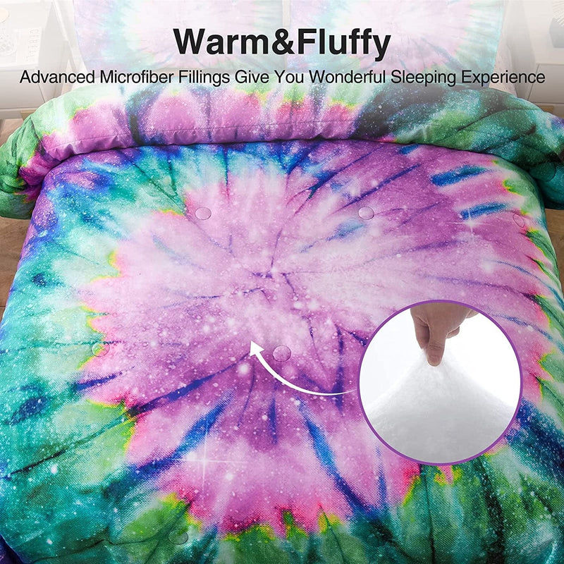 A Nice Night Bedding Tie Dye Galaxy Comforter Set, Psychedelic Swirl Pattern Colorful Boho, Boys Girls Bedding Quilt Sets (Purple, Queen(88-By-88-Inches))