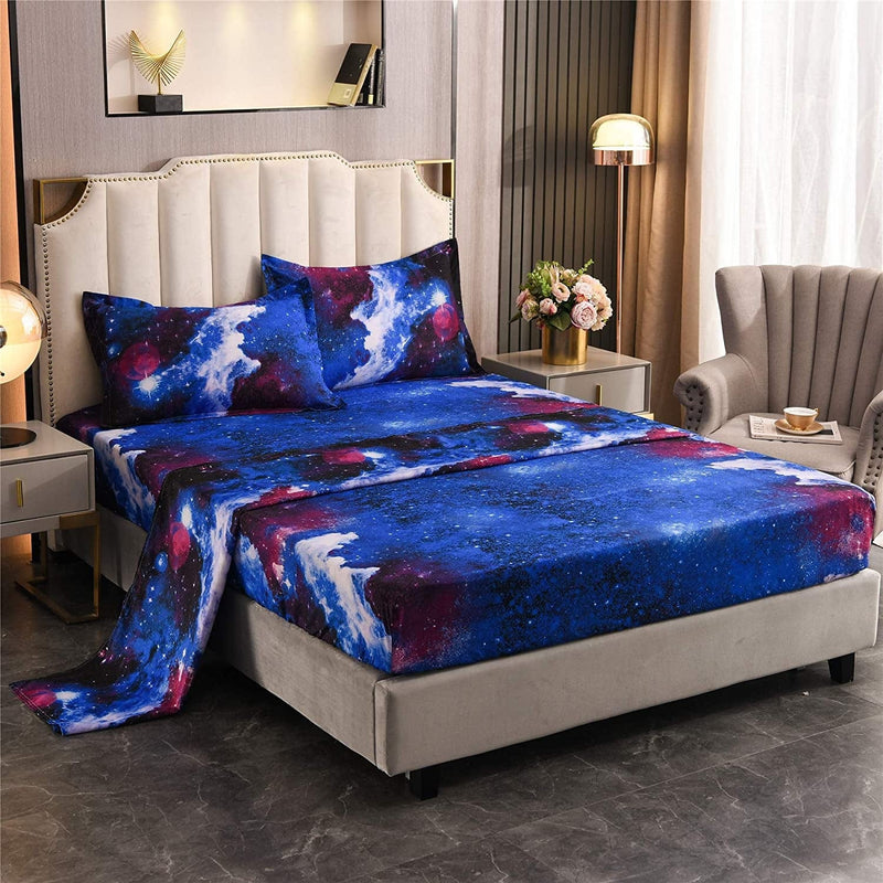 A Nice Night Galaxy 3D Printing Bed Sheet Bedding Set, Soft Microfiber Fitted Sheet Set, Galaxy Themed Sheets 4 Pcs Flat Sheet& Fitted Sheets with 2 Pillowcases(Blue, Full)