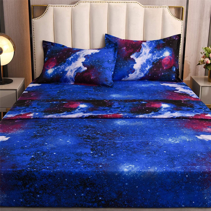 A Nice Night Galaxy 3D Printing Bed Sheet Bedding Set, Soft Microfiber Fitted Sheet Set, Galaxy Themed Sheets 4 Pcs Flat Sheet& Fitted Sheets with 2 Pillowcases(Blue, Full) Home & Garden > Linens & Bedding > Bedding A Nice Night   