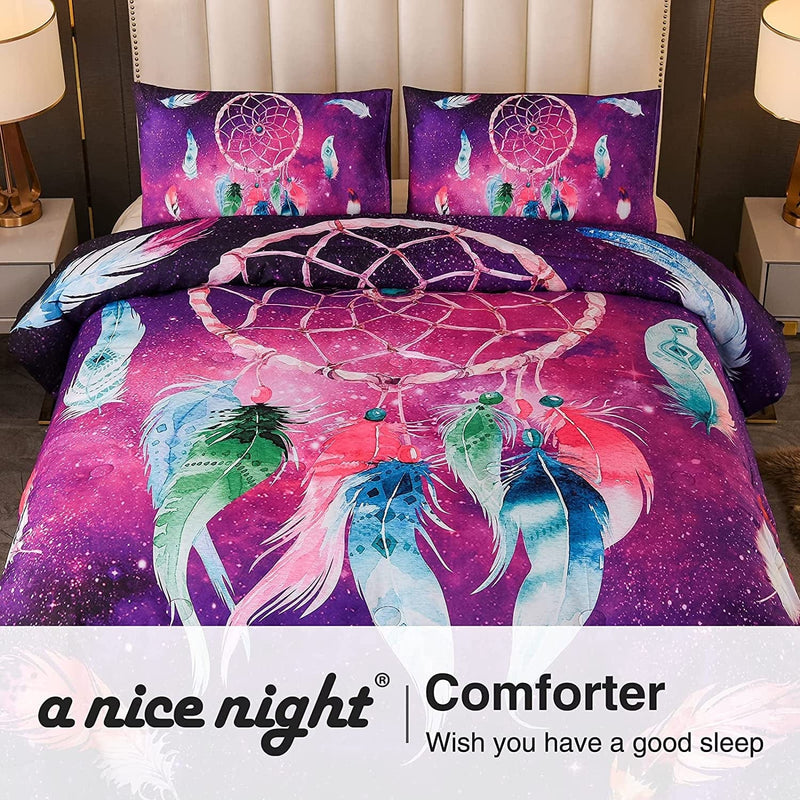 A Nice Night Galaxy Dreamcatcher Feathers,Like Dancing in the Air Printed, Boho Chic Bohemian Design, Dream Catcher Quilt Comforter Set (Purple, Queen(88-By-88-Inches)) Home & Garden > Linens & Bedding > Bedding > Quilts & Comforters A Nice Night   