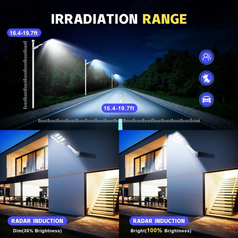 A-ZONE 600W Solar Street Lights Outdoor, 60000LM Waterproof High Brightness Dusk to Dawn LED Lamp, with Motion Sensor and Remote Control, for Parking Lot, Yard, Garden, Patio, Stadium, Piazza