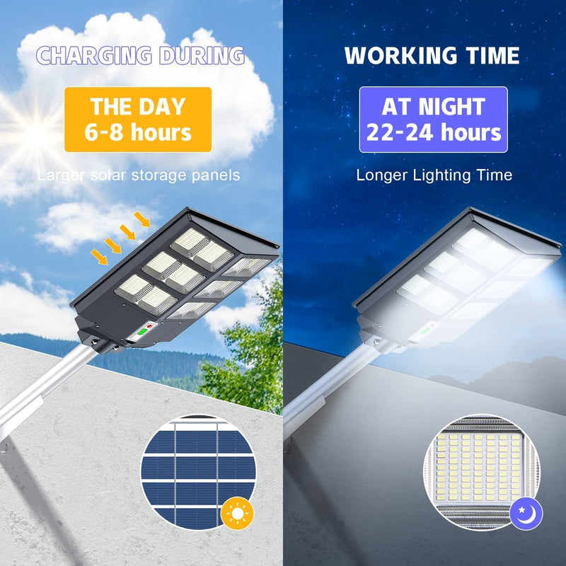 A-ZONE 600W Solar Street Lights Outdoor, 60000LM Waterproof High Brightness Dusk to Dawn LED Lamp, with Motion Sensor and Remote Control, for Parking Lot, Yard, Garden, Patio, Stadium, Piazza Home & Garden > Lighting > Lamps A-ZONE   