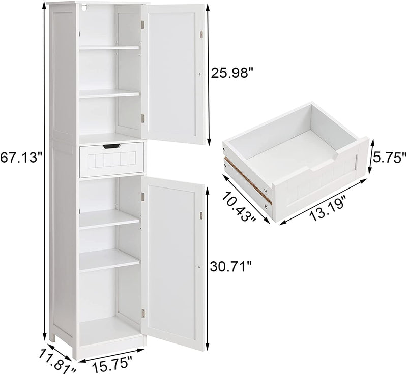 IWELL Tall Linen Tower Cabinet, Freestanding Bathroom Cabinet with 2 Doors 6 Tier Shelves & Drawer, Narrow Floor Storage Cabinet for Living Room, White