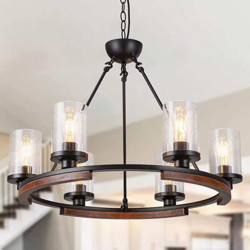 NSRCE Dia 28'' Wagon Wheel Chandelier,6-Light Dining Room Light Fixture over Table,Large round Hanging Pendant Light Fixture with Glass Shade for Dining Living Room,Black Metal and Wood, 6BK Home & Garden > Lighting > Lighting Fixtures > Chandeliers NSRCE   