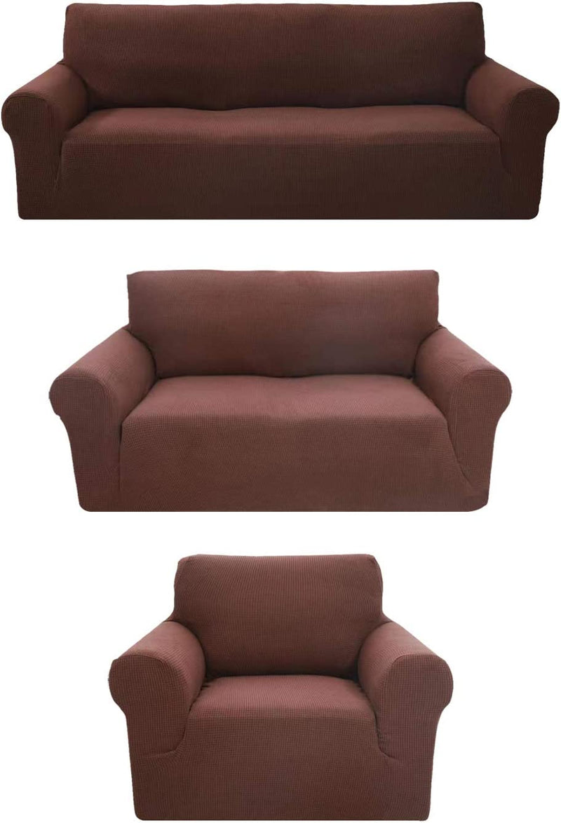 Sapphire Home 3-Piece Brushed Premium Slipcover Set for Sofa Loveseat Couch Arm Chair, Form Fit Stretch, Wrinkle Free, Furniture Protector Set for 3/2/1 Cushion, Polyester Spandex, 3Pc, Brushed, Brown Home & Garden > Decor > Chair & Sofa Cushions Sapphire Home Brown 3pc set (Sofa, Love, Chair) 