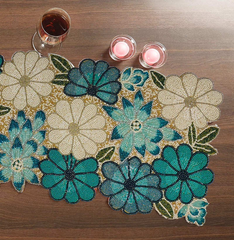 Beaded Christmas Table Runner, Glitz Table Runner, Teal Beaded Runner, Fancy Table Runner, Handmade Decorative Embroidery Runner for Christmas Xmas New Year Family Party Decoration -13X36- Teal Combo Home & Garden > Decor > Seasonal & Holiday Decorations Light & Pro   