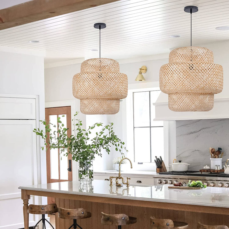 Arturesthome Bamboo Pendant Light for Kitchen Island,Home Decor Lampshade Chandeliers,Rattan Hand-Woven Hanging Lighting Fixture, Creative Craft Lights(38Cmx38Cm)