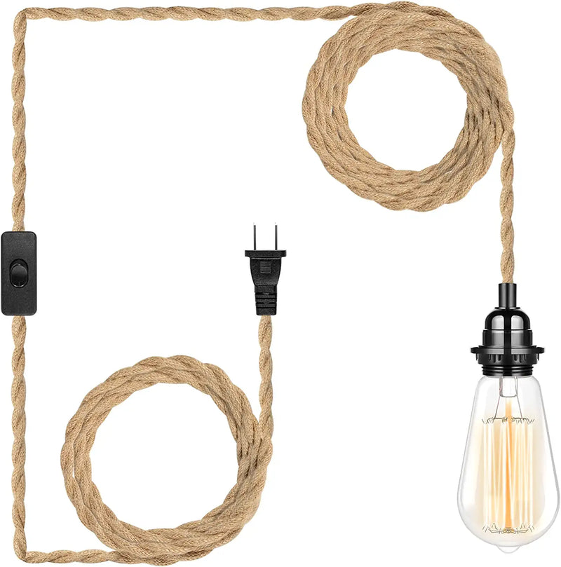 Plug in Hanging Light Fixture, 15FT Pendant Lamp Lights Cord with Switch Cord E26 Bulbs Socket, Industrial DIY Twisted Hemp Rope Overhead Lamps for Farmhouse Bedroom Home Lighting Decors Home & Garden > Lighting > Lighting Fixtures HURYEE 15ft  