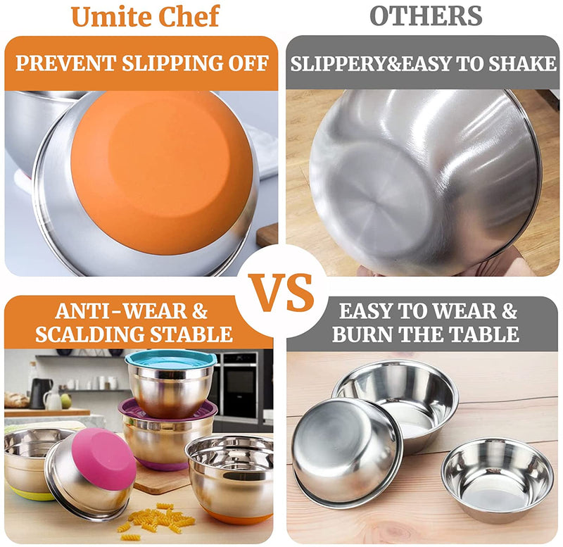 Mixing Bowls with Airtight Lids, 6 Piece Stainless Steel Metal Bowls by Umite Chef, Measurement Marks & Colorful Non-Slip Bottoms Size 7, 3.5, 2.5, 2.0,1.5, 1QT, Great for Mixing & Serving Home & Garden > Kitchen & Dining > Cookware & Bakeware Umite Chef   