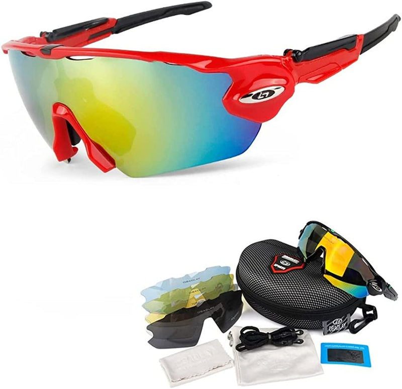 Polarized Cycling Glasses 5 Lens Bike Bicycle Goggles Outdoor Sports Mountain Cycling Eyewear UV400 Protcet Sunglasses (Red Black)