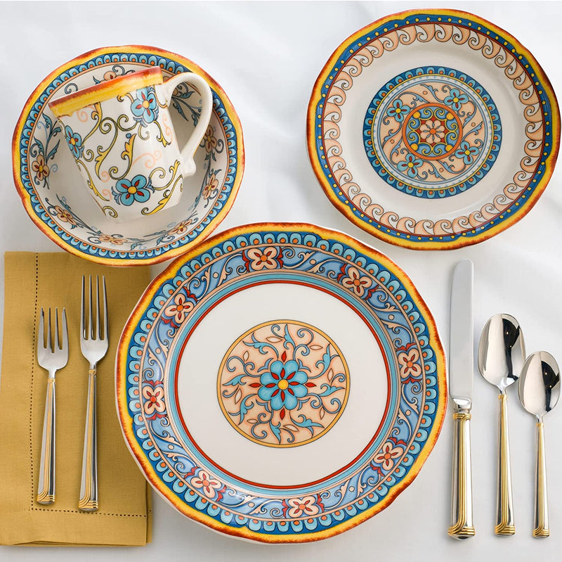 Euro Ceramica Duomo 16 Piece Stoneware Dinnerware Set, Service for 4 – Thanksgiving-Fall-Summer Dishes - Floral Design, Multicolor Home & Garden > Kitchen & Dining > Tableware > Dinnerware Euro Ceramica Inc.   